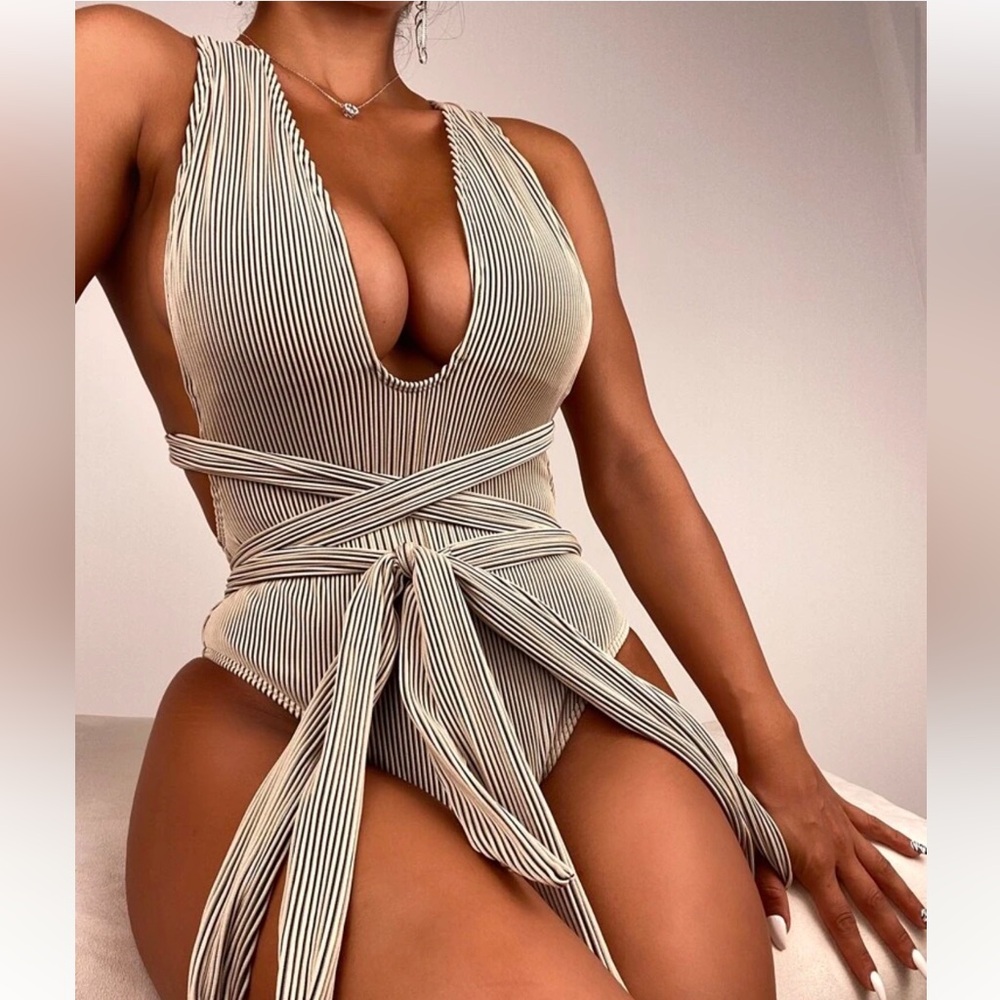 Striped‎ Halter Tie-Front Swim Bodysuit in Sage